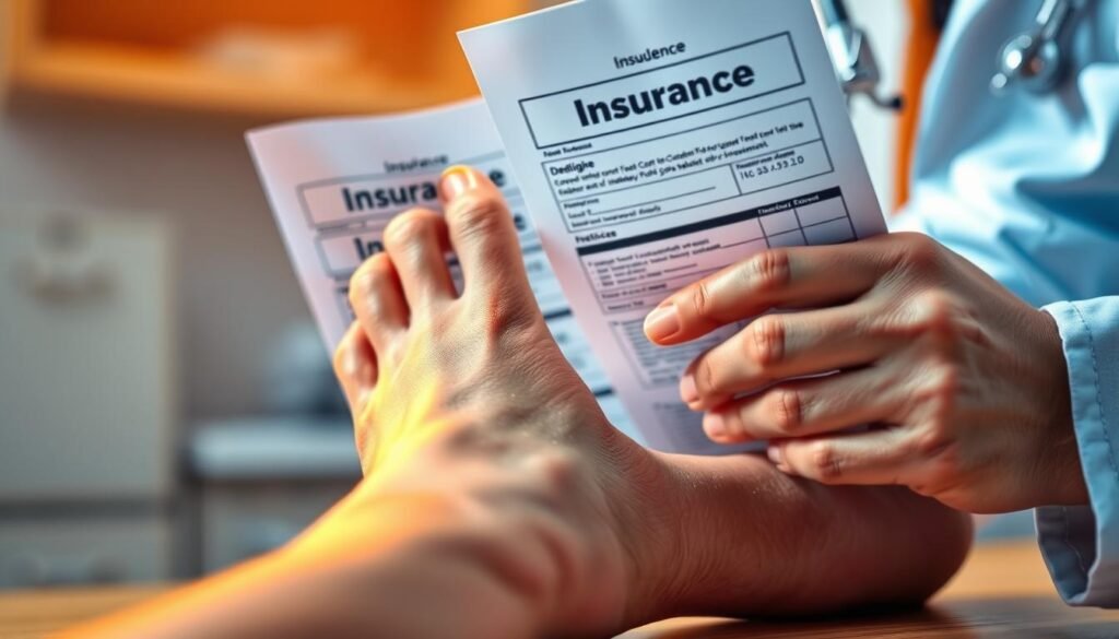 A closeup shot of a patient's foot in a medical setting, showcasing diabetic foot care insurance paperwork and a healthcare professional's hands reviewing the documents. The lighting is warm and soft, illuminating the textured skin and details of the foot. The background is slightly blurred, keeping the focus on the insurance forms and the medical examination. The overall mood is one of professionalism, care, and attention to the patient's needs regarding their diabetic foot health and associated insurance coverage.