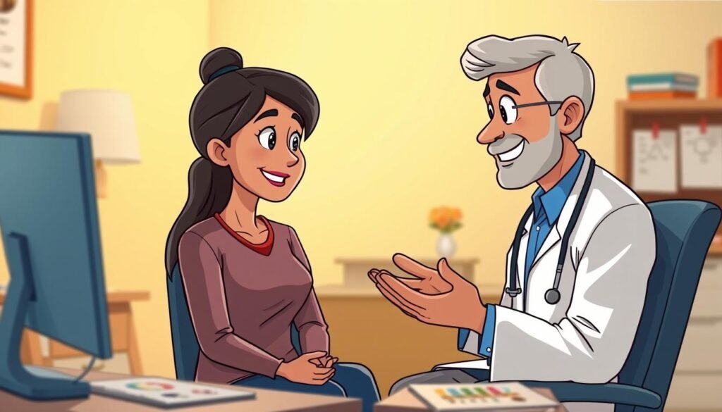 A well-lit examination room with a healthcare professional explaining diabetes management to an attentive patient. The patient is seated comfortably, engaged in the discussion, with educational materials and visual aids displayed on a desk or table. Warm, soft lighting illuminates the scene, creating a reassuring atmosphere. The healthcare provider gestures empathetically, their expression radiating compassion and expertise. The focal point is the patient's face, their eyes filled with understanding as they absorb the information provided. The background is subtly blurred, allowing the educational interaction to take center stage.