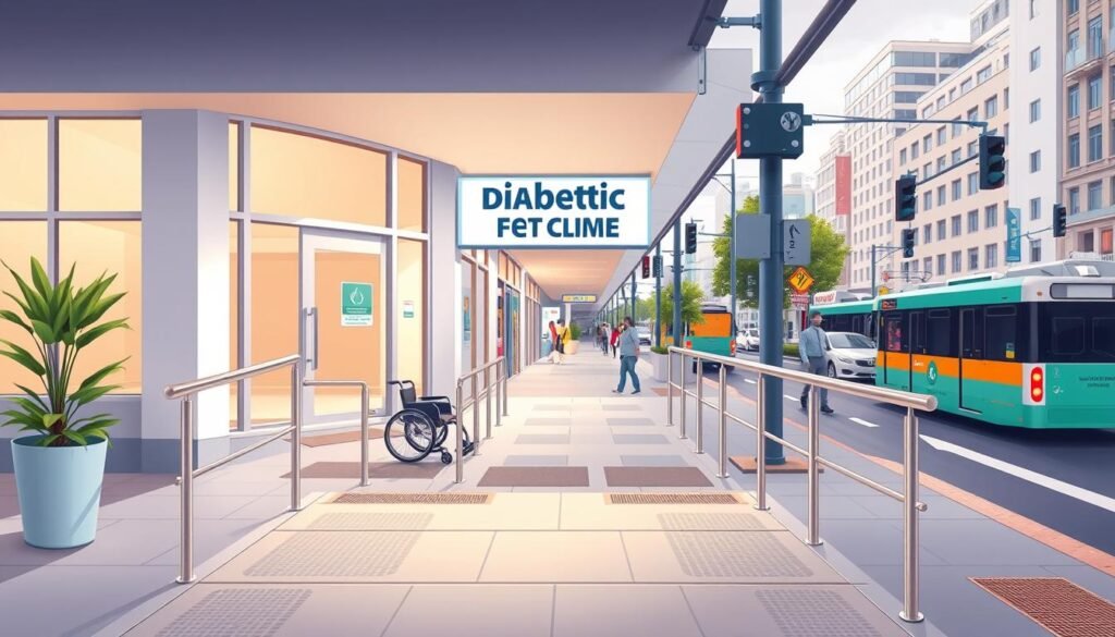 A well-lit, spacious and wheelchair-accessible diabetic foot clinic situated in a central, easy-to-reach location. The clean, modern building features large windows that let in plenty of natural light, creating a welcoming and comfortable atmosphere. In the foreground, a ramp leads up to the entrance, with tactile paving and handrails for the convenience of patients. The middle ground showcases the clinic's signage, prominently displaying its name and specialization. In the background, a bustling urban streetscape with pedestrians and public transportation options, emphasizing the clinic's convenient accessibility.